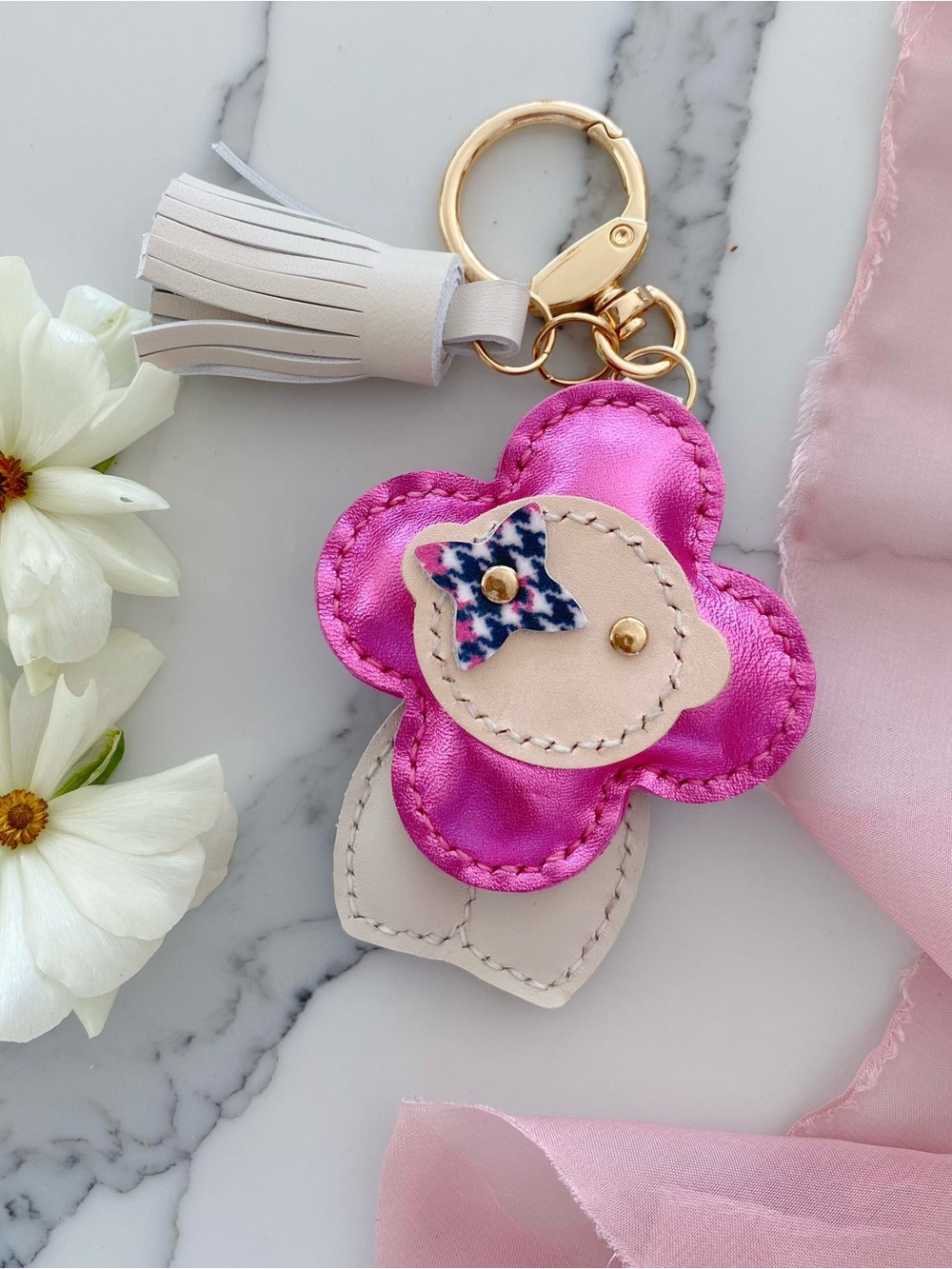 Handmade Vivienne Doll Leather Bag Charm - Hot Pink & Cream